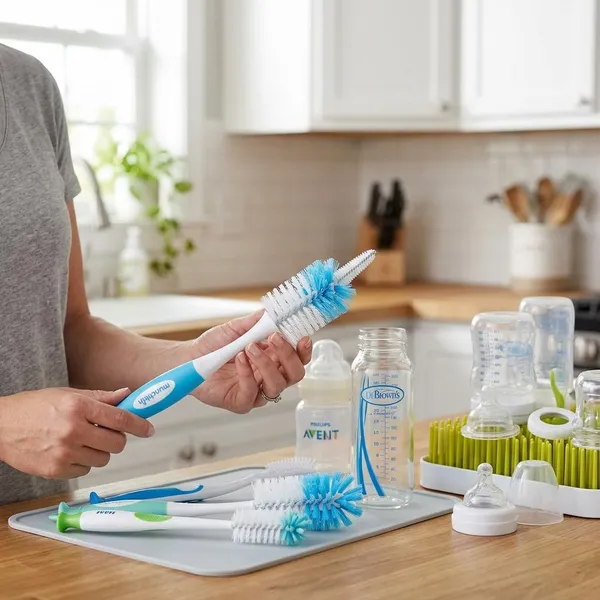 Babyfles schoonmaken met een afwasborstel